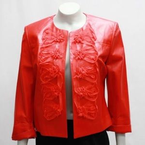 SoCa St. John Large Coral Red Lamb Leather Jacket Frayed Ruffles Lined